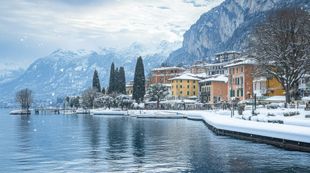 Scenic view of Riva del Garda town blanketed in snow, with Garda Lake reflecting the winter sky and snow-capped mountains in the background, Trentino Alto Adige.の素材