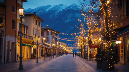 Riva del Garda town center illuminated with festive Christmas lights, sparkling along the streets and buildings at night, creating a magical holiday atmosphere.の素材