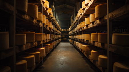 Parmigiano Reggiano cheese wheels aging on wooden racks in a dimly lit Italian factory. The perspective highlights the size and scale of the production in Parma.の素材