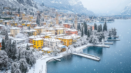 Riva del Garda town under a light snowfall, Garda Lake shimmering in the winter light as snow blankets the mountains and trees in the Trentino Alto Adige region.の素材