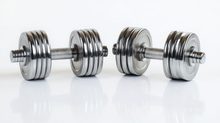 Two identical steel dumbbells placed parallel to each other, isolated on a bright white background, with reflections visible on their metallic surfacesの素材