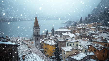 Snow-covered Riva del Garda town overlooking a serene, misty Garda Lake on a winter day, with snowflakes falling gently on the rooftops and the surrounding mountains.の素材