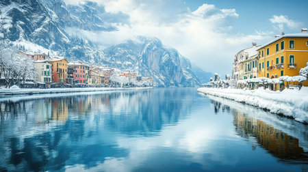 Riva del Garda town blanketed by snow, the tranquil waters of Garda Lake reflecting the surrounding mountains on a peaceful winter day.の素材