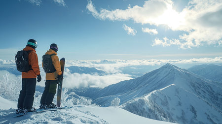 Snowboarders look out at the stunning snow-covered Tokachidake and Daisetsuzan mountains from Furano, the bright sun casting shadows on the slopes.の素材