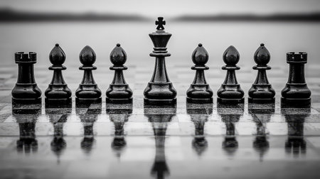 Strategic chess pieces arranged on a board, reflecting thoughtful business management and leadership tactics. A powerful metaphor for organizational duties.の素材