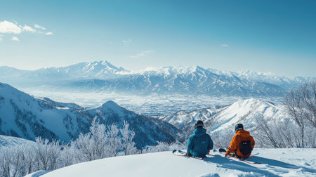 Snowboarders looking over the expansive Tokachidake mountain range from the heights of Furano ski resort, enjoying a clear, sunny day in Japanaes winter wonderland.の素材