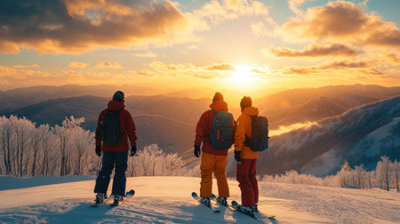 Snowboarders look out over the pristine Tokachidake and Daisetsuzan mountains from the slopes of Furano, the snow glistening in the sunlight on a perfect winter day.の素材