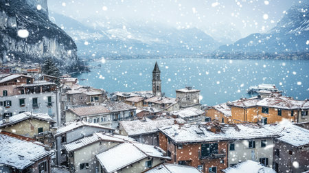Snow-covered Riva del Garda town overlooking a serene, misty Garda Lake on a winter day, with snowflakes falling gently on the rooftops and the surrounding mountains.の素材