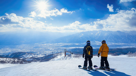 Two snowboarders pause on the slopes of Furano, taking in the stunning view of Daisetsuzan and Tokachidake mountains, with bright sunshine illuminating the snow.の素材