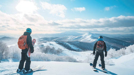 Snowboarders look out over the pristine Tokachidake and Daisetsuzan mountains from the slopes of Furano, the snow glistening in the sunlight on a perfect winter day.の素材