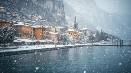 Winter in Riva del Garda, with snow falling gently on the town and Garda Lake, the surrounding mountains completing the picturesque winter scene.の素材