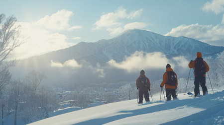 Snowboarders gaze at the breathtaking Tokachidake mountain range from the sunny slopes of Furano ski resort, surrounded by fresh powder and crisp winter air.の素材