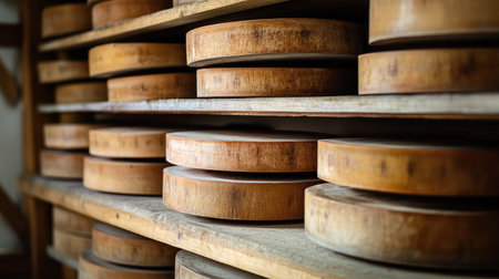 Stacked wheels of Parmigiano Reggiano cheese aging in perfect harmony on factory shelves in Parma, Italy. The rich colors of the cheese contrast against the wooden shelves.の素材