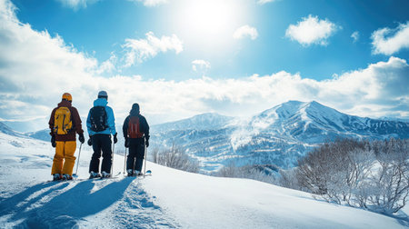 Snowboarders at the summit of Furano ski resort, gazing at the snow-covered Tokachidake range and Daisetsuzan mountains under a sun-filled sky.の素材