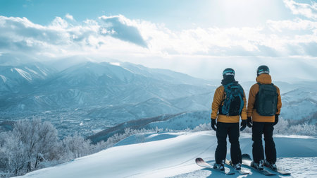 Snowboarders look out at the stunning snow-covered Tokachidake and Daisetsuzan mountains from Furano, the bright sun casting shadows on the slopes.の素材