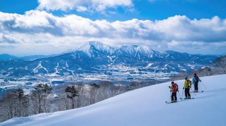 Snowboarders look out over the stunning Tokachidake and Daisetsuzan mountains from the sunlit slopes of Furano ski resort, preparing for their next run.の素材