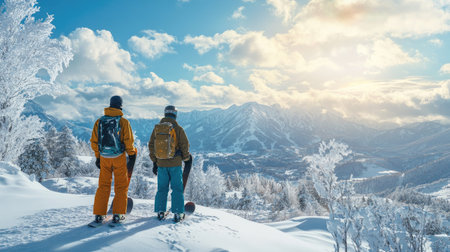 Snowboarders at the summit of Furano ski resort, gazing at the snow-covered Tokachidake range and Daisetsuzan mountains under a sun-filled sky.の素材