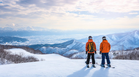 Two snowboarders standing on the slopes of Furano ski resort, enjoying the clear view of Tokachidake and Daisetsuzan mountain ranges on a bright winter day.の素材