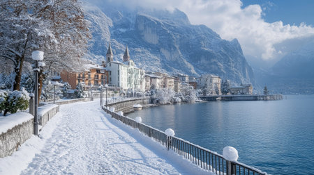 Winter landscape of Riva del Garda, the town covered in snow as it sits quietly by the edge of Garda Lake, with snow-covered mountains in the background.の素材