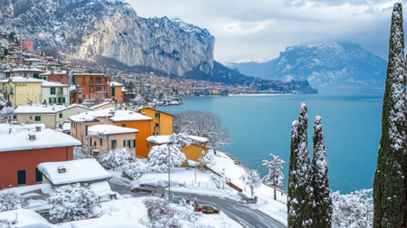 Winter view of Riva del Garda, with snow-covered houses and streets leading down to the calm shores of Garda Lake, surrounded by alpine peaks.の素材