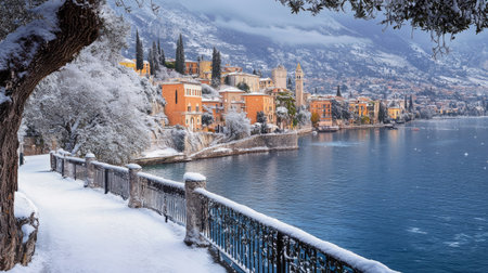 Winter view of Riva del Garda town, its streets dusted with snow, overlooking the calm waters of Garda Lake with snow-covered mountains in the background.の素材