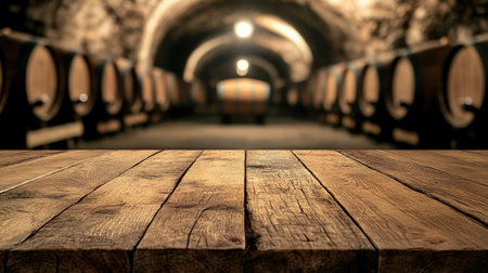 Wooden table top with a blurry background of a wine cellar, dimly lit with rows of barrels, providing a perfect stage for displaying wine bottles or culinary products.の素材