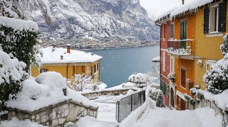 Winter view of Riva del Garda town, its streets dusted with snow, overlooking the calm waters of Garda Lake with snow-covered mountains in the background.の素材
