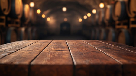 Wooden table surface in the foreground, with a softly blurred wine cellar in the background featuring wine barrels. The perfect setup for presenting wine and gourmet dishes.の素材