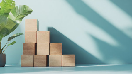 Wooden blocks stacked on a blue background, representing a business growth ladder. The minimalistic setup offers room for copy or branding elements.の素材