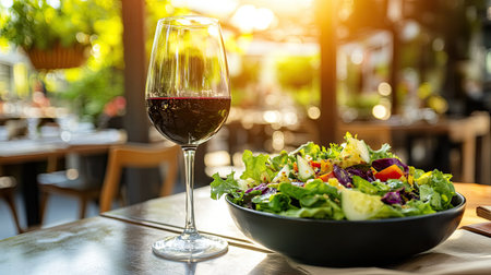 A vibrant salad accompanied by a glass of red wine set on an outdoor table, basking in warm sunlight, ideal for a fresh dining experience in nature.の素材