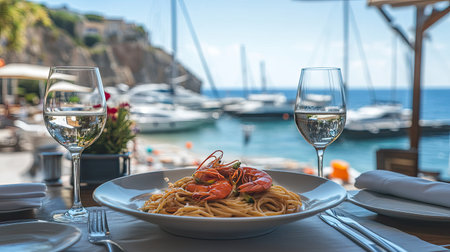 Enjoy a plate of seafood pasta elegantly set on a table, overlooking a beautiful marina scene. Perfect for a romantic dining experience by the sea.の素材