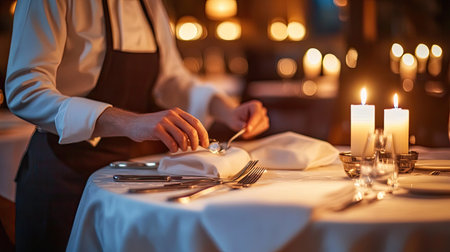 A skilled waiter prepares an elegant table setting in a cozy restaurant ambiance with romantic candlelight, highlighting hospitality and fine dining experiences.の素材