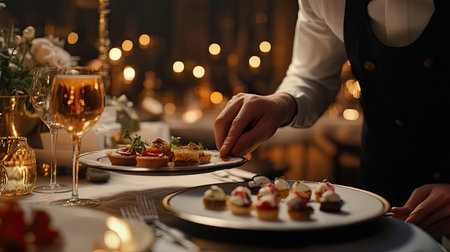 A sophisticated dining experience featuring a waiter serving gourmet dishes on elegant plates, accompanied by fine wine and a warm ambiance.の素材