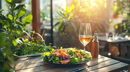 A refreshing salad paired with wine sits on a rustic table surrounded by lush greenery in a cozy cafe. The warm sunlight enhances the inviting atmosphere.の素材