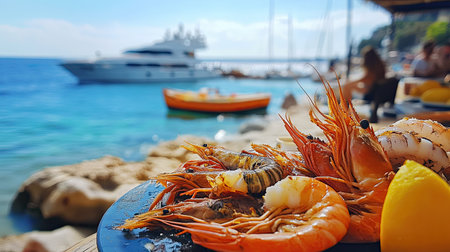 A vibrant seafood plate featuring shrimp and lemon set against a serene beach backdrop, with a yacht and sunlit waters in the distance.の素材
