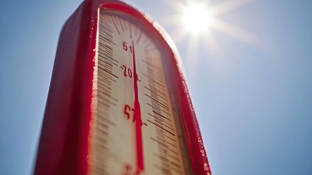 A close-up of a red thermometer showcasing high temperatures under bright sunlight. The image captures a clear blue sky, reflecting the warmth of summer.の素材