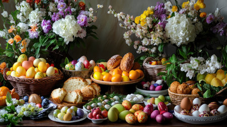 A vibrant spring table set with colorful fruits, flowers, and decorated eggs, creating a festive atmosphere. Perfect for seasonal celebrations and gatherings.の素材