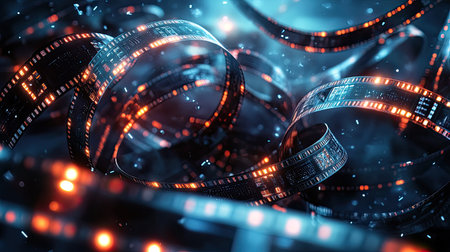 This abstract image features a swirling film strip illuminated by blue and orange lights, creating a mesmerizing visual experience ideal for art and technology themes.の素材