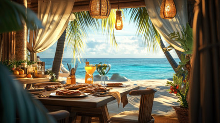 Experience a serene tropical dining setting with beautiful ocean views. Perfect for relaxation or a romantic getaway, this scene captures the essence of paradise.の素材