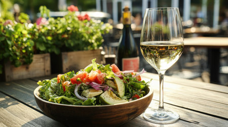 A vibrant salad served in a wooden bowl alongside a glass of white wine, set on a rustic table. Perfect for outdoor dining and summer enjoyment.の素材