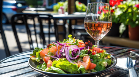 A vibrant salad served with a glass of rose wine, set in an inviting outdoor dining area. Perfect for summer meals or casual gatherings.の素材