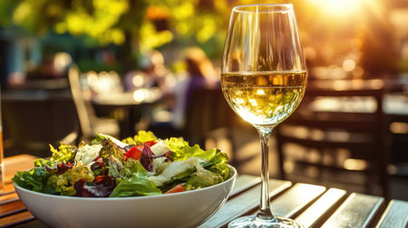A vibrant salad paired with a glass of white wine on a rustic table, captured at sunset, creating an inviting and relaxed dining atmosphere outdoors.の素材