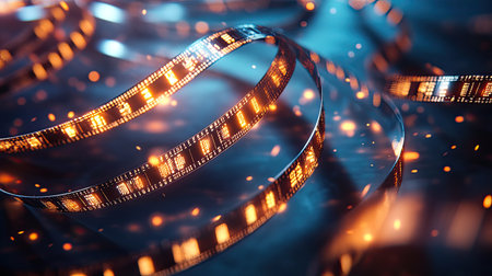 A dynamic image of a film reel surrounded by vibrant lights, creating a captivating atmosphere. Ideal for projects related to cinema, creativity, or storytelling.の素材