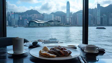 Enjoy a beautiful breakfast experience with a scenic city view over the waterfront. This luxurious setting offers tranquility and culinary delight.の素材