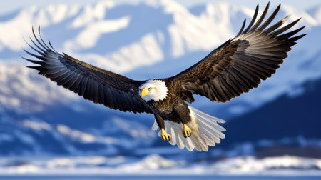 An impressive eagle soars gracefully over snowy mountains, capturing the essence of wildlife in its natural habitat. The scene embodies freedom and strength.の素材
