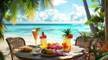 Enjoy a vibrant tropical scene featuring refreshing cocktails, colorful fruits, and a stunning ocean backdrop, perfect for evoking vacation bliss.の素材