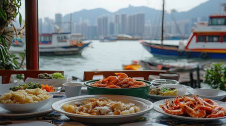 A beautifully arranged seafood meal awaits at a waterfront restaurant, showcasing vibrant dishes against a stunning harbor skyline and mountain backdrop.の素材