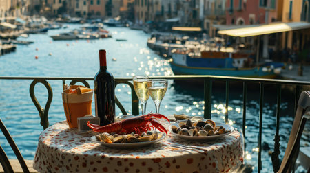 Enjoy a scenic dining experience featuring fresh seafood and fine wine by the waterfront. Perfect for capturing the essence of a vacation setting.の素材