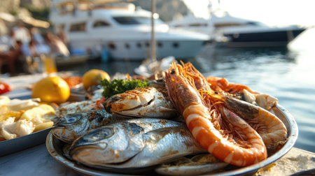 An enticing seafood platter featuring fresh fish, shrimp, and garnishes, served in a picturesque marina setting. Perfect for showcasing delicious summer dining experiences.の素材