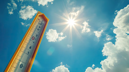 A bright sun shines down on a thermometer under a clear blue sky, symbolizing warm weather and summer days. A perfect representation of outdoor enjoyment.の素材